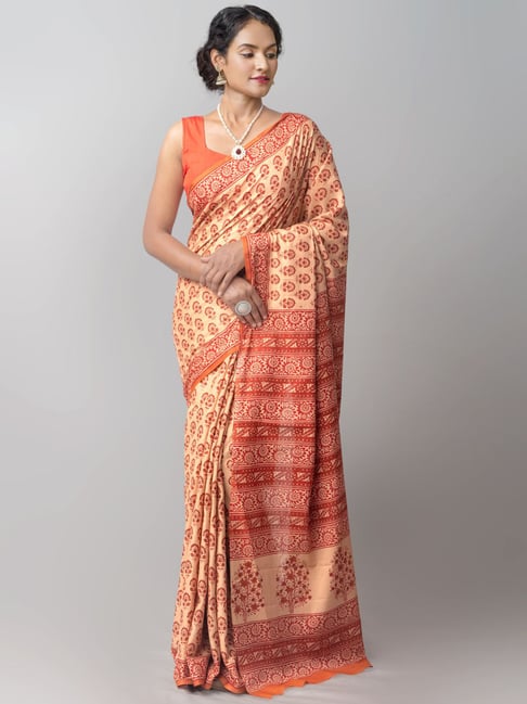 Unnati Silks Cream Cotton Printed Saree With Unstitched Blouse Price in India