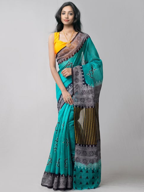 Unnati Silks Teal Blue Printed Saree With Unstitched Blouse Price in India
