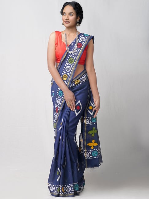 Unnati Silks Blue Cotton Silk Printed Saree With Unstitched Blouse Price in India