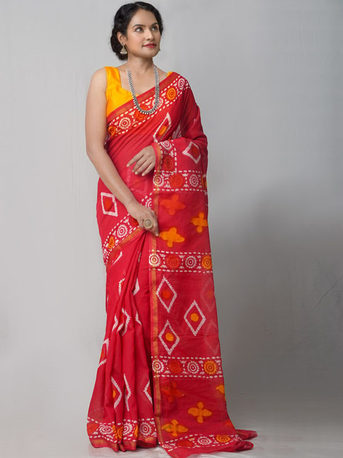 Unnati Silks Red Cotton Silk Printed Saree With Unstitched Blouse Price in India