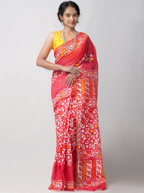Unnati Silks Red Cotton Silk Printed Saree With Unstitched Blouse Price in India