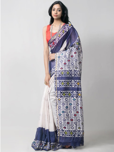 Unnati Silks Off-White Cotton Silk Printed Saree With Unstitched Blouse Price in India