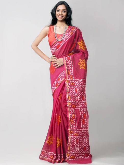 Unnati Silks Pink Cotton Silk Printed Saree With Unstitched Blouse Price in India