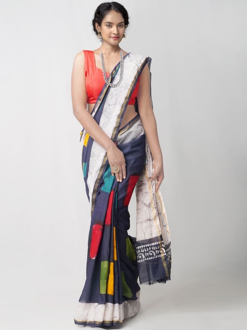 Unnati Silks Navy Cotton Silk Printed Saree With Unstitched Blouse Price in India