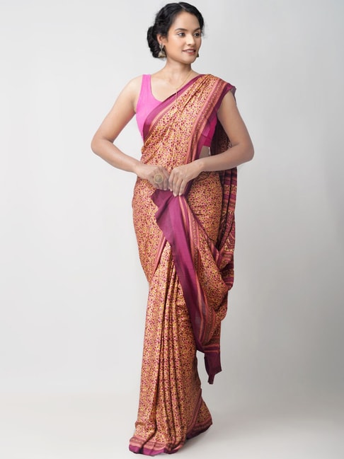 Unnati Silks Cream Silk Floral Print Saree With Unstitched Blouse Price in India