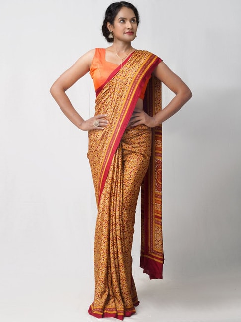 Unnati Silks Cream Silk Floral Print Saree With Unstitched Blouse Price in India