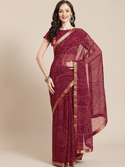 Satrani Maroon Bandhani Print Saree With Unstitched Blouse Price in India