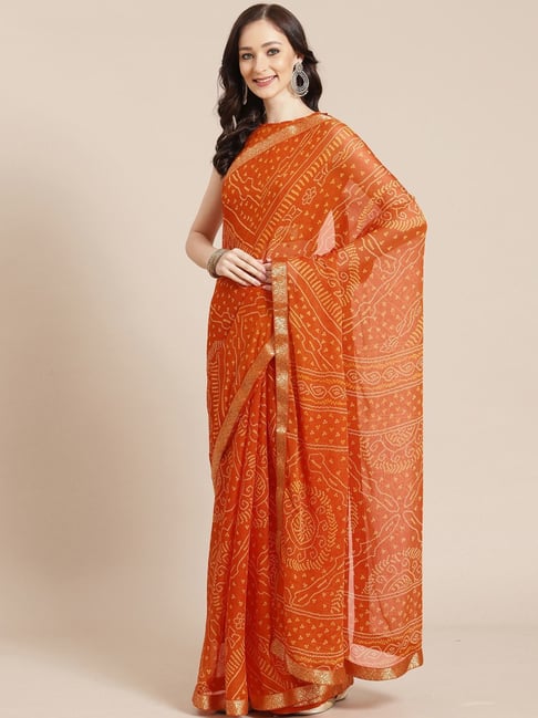 Satrani Orange Bandhani Print Saree With Unstitched Blouse Price in India