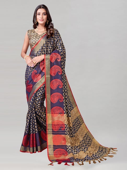 Satrani Navy Cotton Silk Woven Saree With Unstitched Blouse Price in India