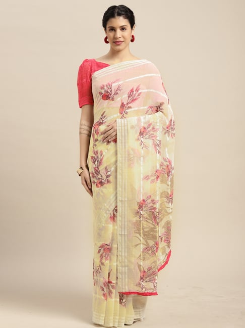 Satrani Cream Floral Print Saree With Unstitched Blouse Price in India