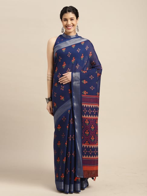 Satrani Navy Printed Saree With Unstitched Blouse Price in India