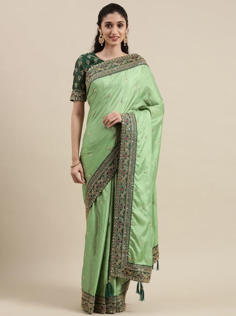 Pista Green Woven Satin Silk Saree With Contrast Brocade Blouse – Zari  Banaras