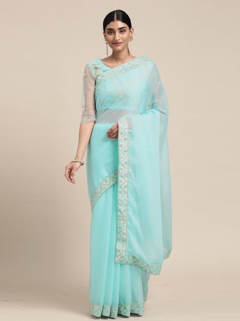Satrani Sky Blue Embellished Saree With Unstitched Blouse Price in India