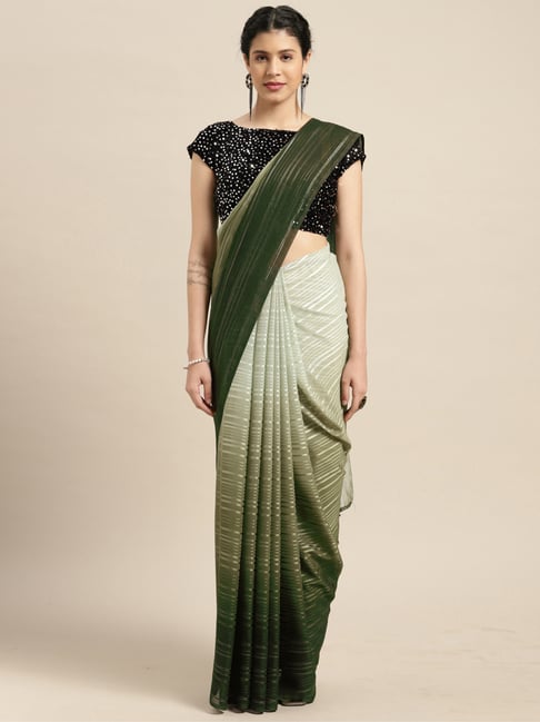 Satrani Olive Green Striped Saree With Unstitched Blouse Price in India