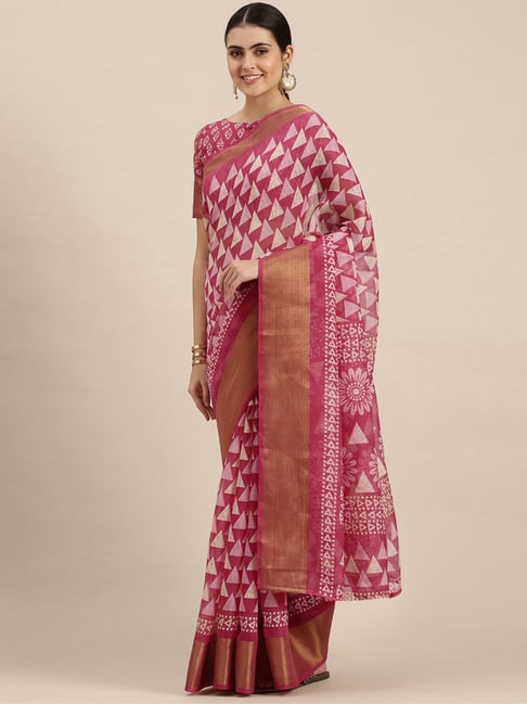 Satrani Pink Printed Saree With Unstitched Blouse Price in India