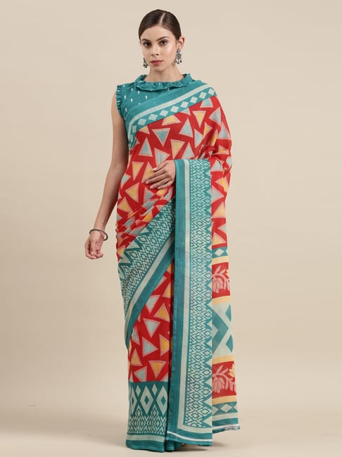 Satrani Red Printed Saree With Unstitched Blouse Price in India