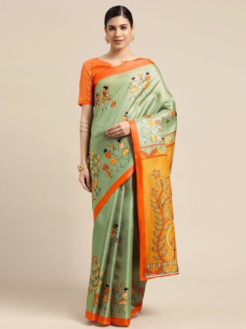 Satrani Mint Green Silk Printed Saree With Unstitched Blouse Price in India