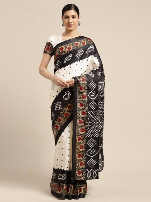 Satrani Black & White Silk Bandhani Print Saree With Unstitched Blouse Price in India