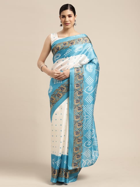 Satrani White & Sky Blue Silk Bandhani Print Saree With Unstitched Blouse Price in India