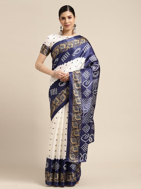 Satrani Navy & White Silk Bandhani Print Saree With Unstitched Blouse Price in India