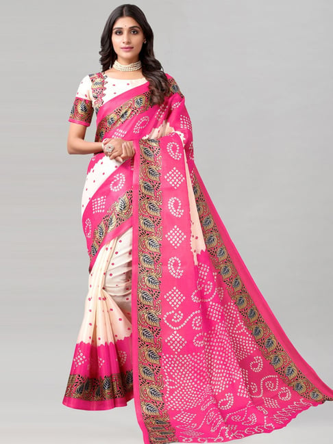 Satrani Pink & White Silk Bandhani Print Saree With Unstitched Blouse Price in India