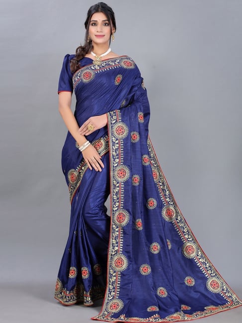 Satrani Navy Embroidered Saree With Unstitched Blouse Price in India