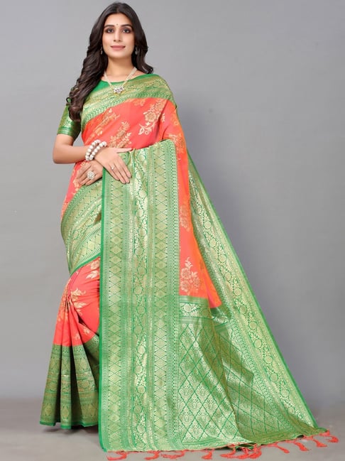 Satrani Coral Woven Saree With Unstitched Blouse Price in India