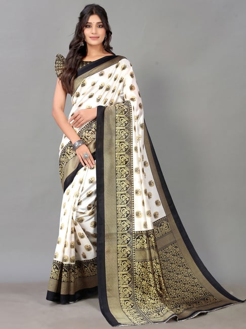 Satrani White & Black Printed Saree With Unstitched Blouse Price in India