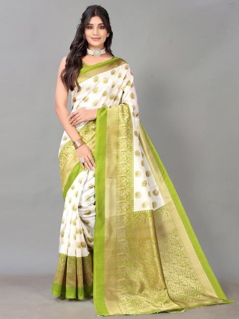 Satrani White & Lime Green Printed Saree With Unstitched Blouse Price in India