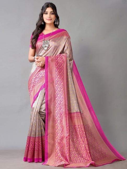 Satrani Grey & Pink Printed Saree With Unstitched Blouse Price in India