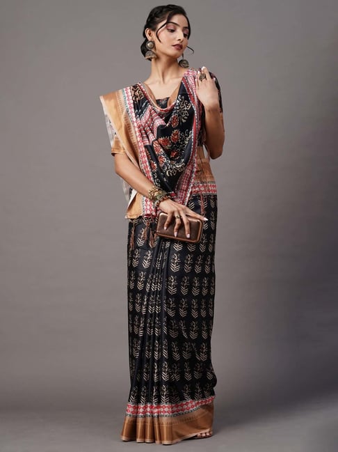 Saree Mall Black Printed Saree With Unstitched Blouse Price in India