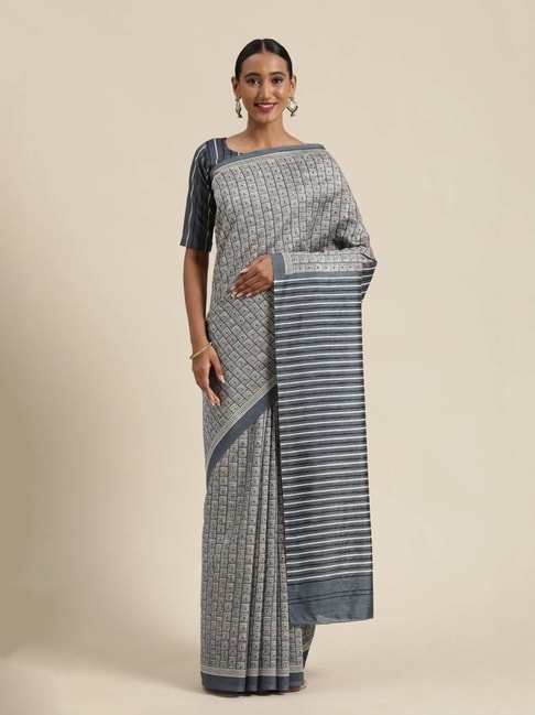 Saree Mall Grey Striped Saree With Unstitched Blouse Price in India