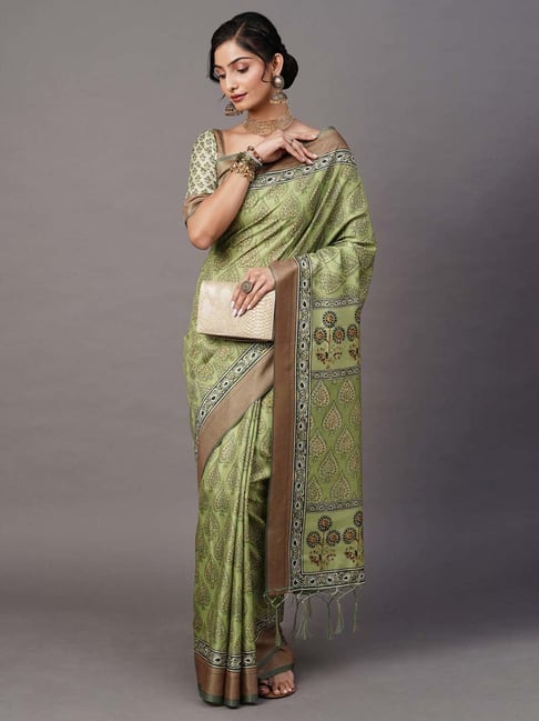 Saree Mall Green Printed Saree With Unstitched Blouse Price in India