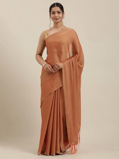 Saree Mall Brown Striped Saree With Unstitched Blouse Price in India