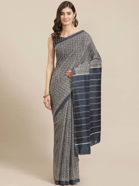 Saree Mall Blue Pure Linen Striped Saree With Unstitched Blouse Price in India