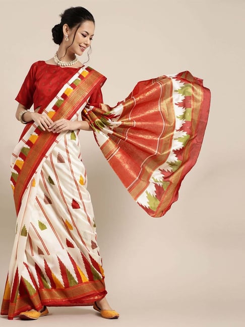 Saree Mall White & Red Geometric Print Saree With Unstitched Blouse Price in India