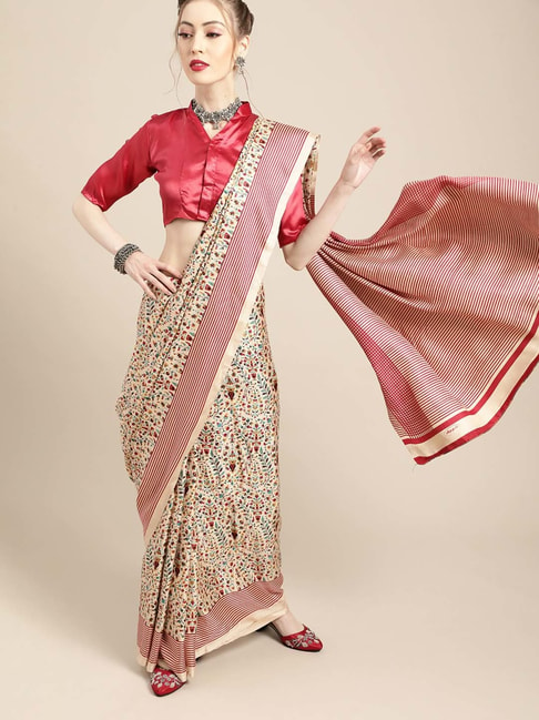 Saree Mall Beige & Pink Paisley Print Saree With Unstitched Blouse Price in India