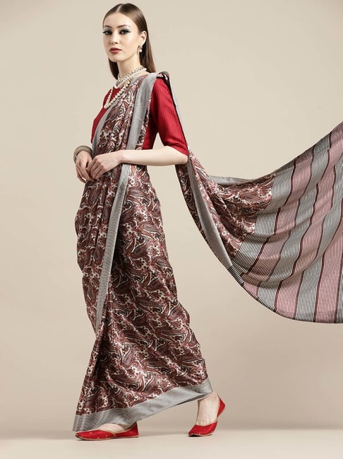Saree Mall Beige & Brown Paisley Print Saree With Unstitched Blouse Price in India