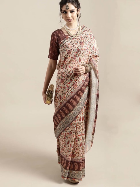 Saree Mall Beige & Maroon Paisley Print Saree With Unstitched Blouse Price in India