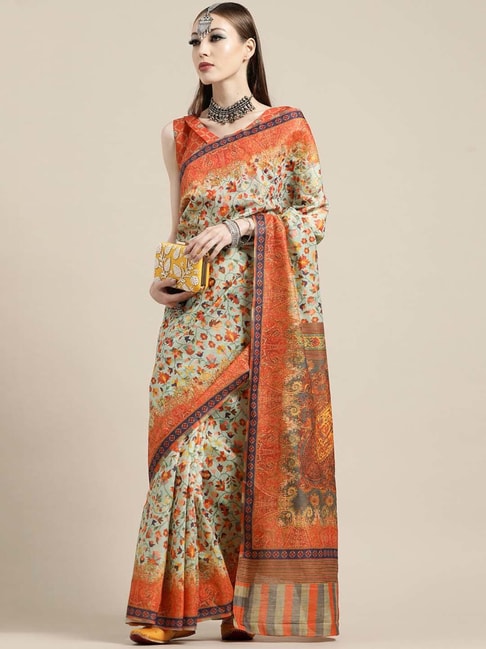 Saree Mall Green & Orange Floral Print Saree With Unstitched Blouse Price in India