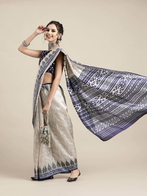 Saree Mall Beige & Blue Printed Saree With Unstitched Blouse Price in India