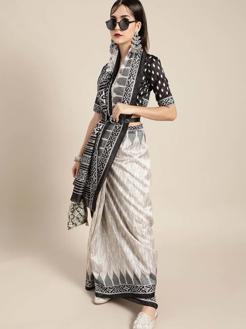 Saree Mall Beige & Black Printed Saree With Unstitched Blouse Price in India