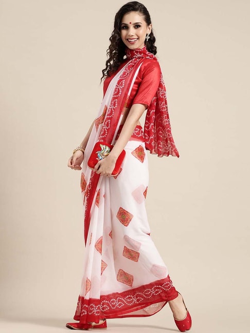 Saree Mall White & Red Printed Saree With Unstitched Blouse Price in India