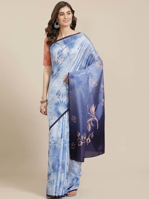 Saree Mall Blue Floral Print Saree With Unstitched Blouse Price in India