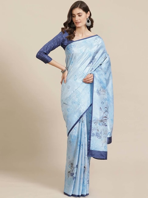 Saree Mall Blue Floral Print Saree With Unstitched Blouse Price in India