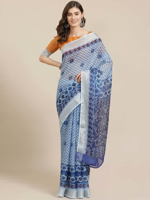 Saree Mall Blue Pure Linen Floral Print Saree With Unstitched Blouse Price in India