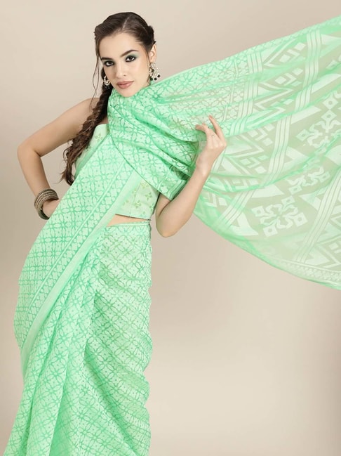 Saree Mall Green Floral Print Saree With Unstitched Blouse Price in India