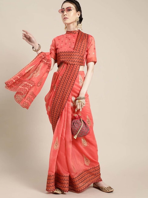 Saree Mall Pink Pure Linen Printed Saree With Unstitched Blouse Price in India
