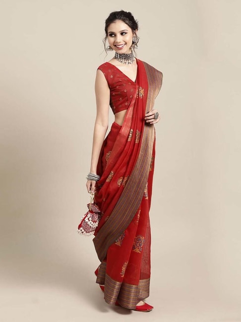 Saree Mall Red Pure Linen Printed Saree With Unstitched Blouse Price in India
