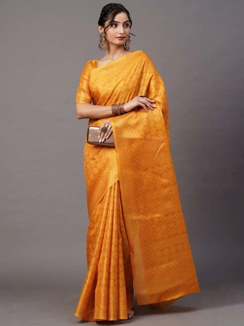 Saree Mall Yellow Floral Print Saree With Unstitched Blouse Price in India